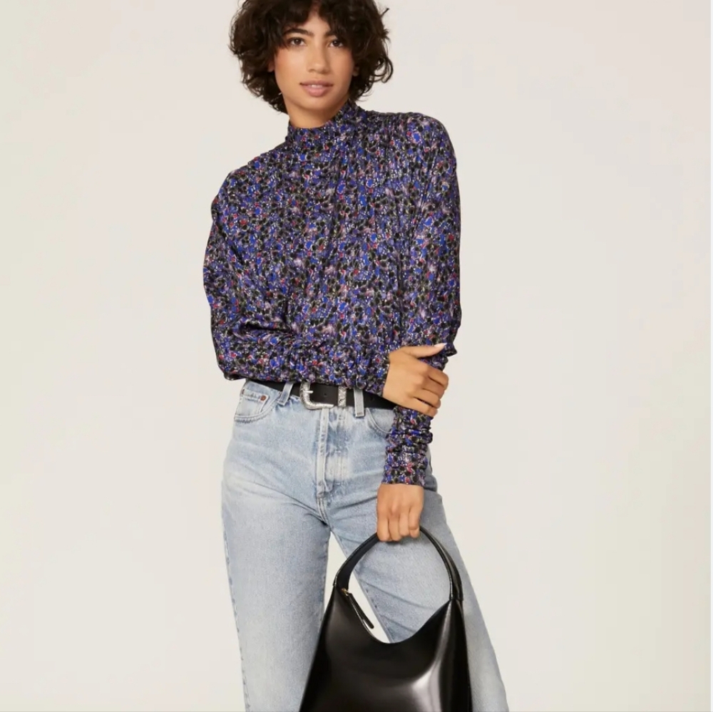 Hunter Bell New York Navy Red Isabel Mock Neck Blouse Top Size Small